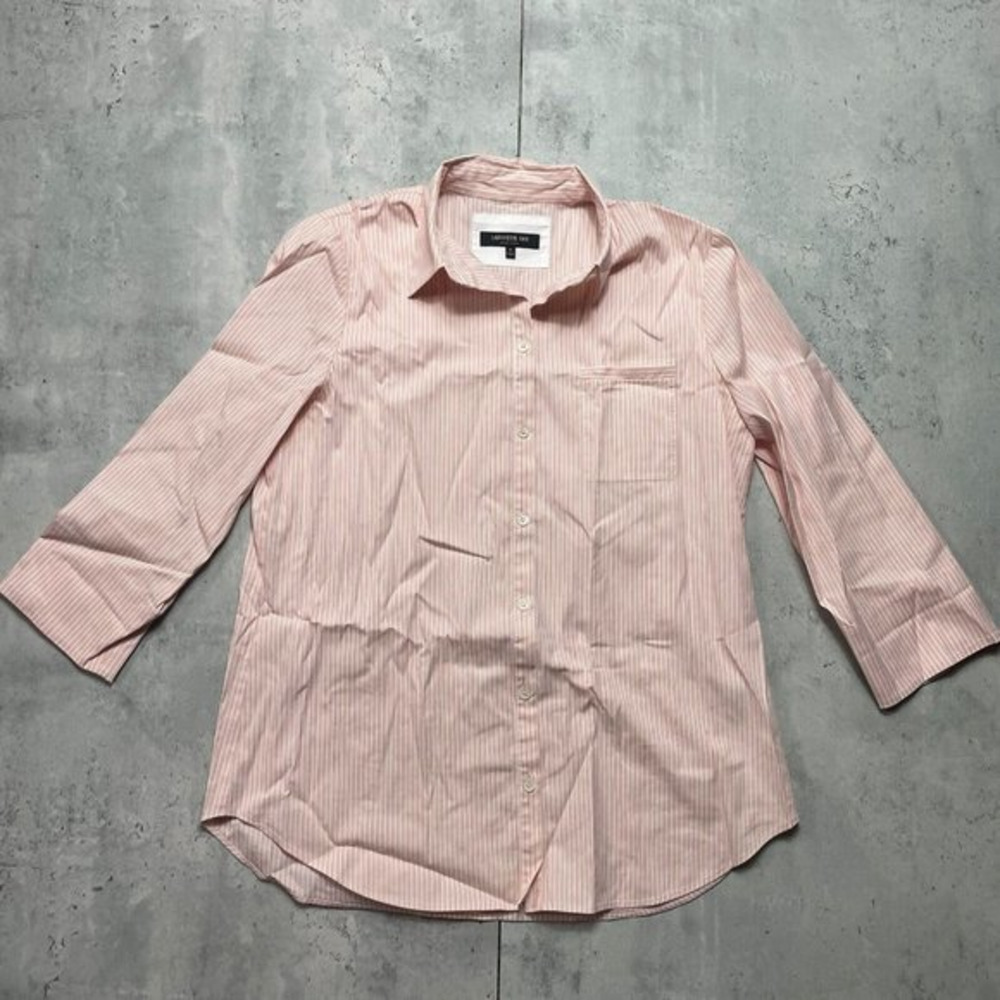 Lafayette 148 Orange White‎ Striped 3/4 Sleeve Button Front Stretch Shirt Sz S